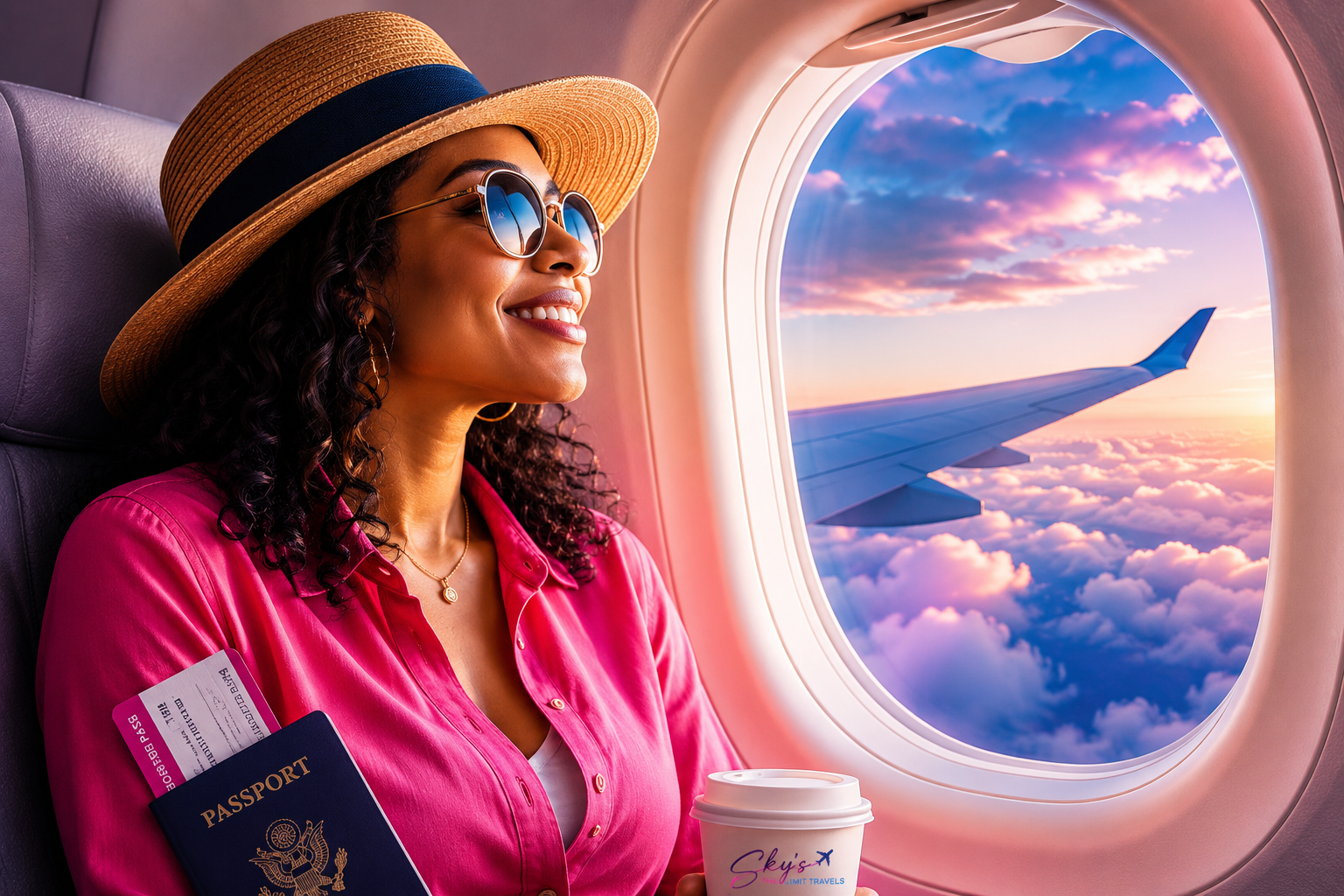Smiling traveler seated by an airplane window